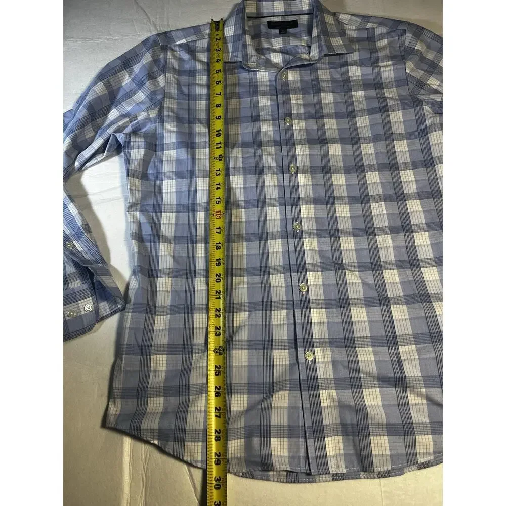 Banana Republic Mens L Non Iron Slim Fit Dress Shirt Blue White Plaid Long Sleev